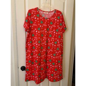Christmas-Themed Red Nightgown With Holiday Print Featuring Trees & Snowflakes -